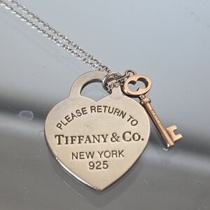 Tiffany & Co. Silver Heart Tag Necklace with Rose Gold Key Charm